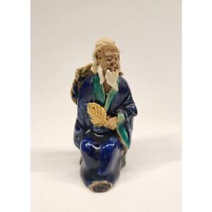 Vintage Chinese Mudman Figurine – Seated Elder with Fan, 3” Ceramic